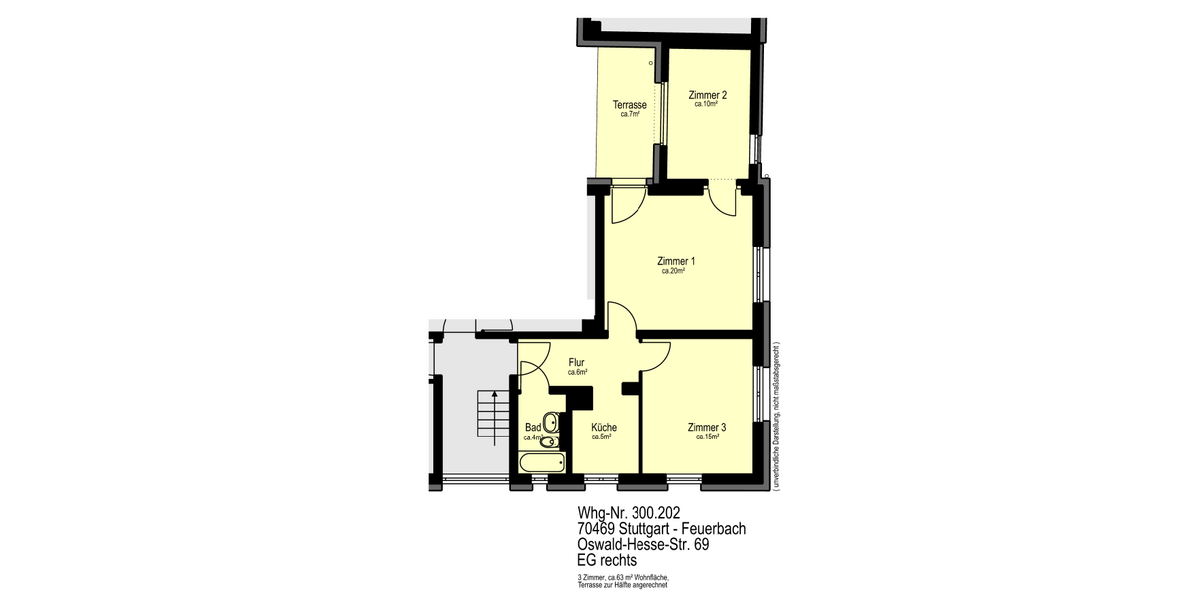 Etagenwohnung Stuttgart Feuerbach - 3 Zimmer, 63 m&sup2;, 720&euro; | Angebot:25267126