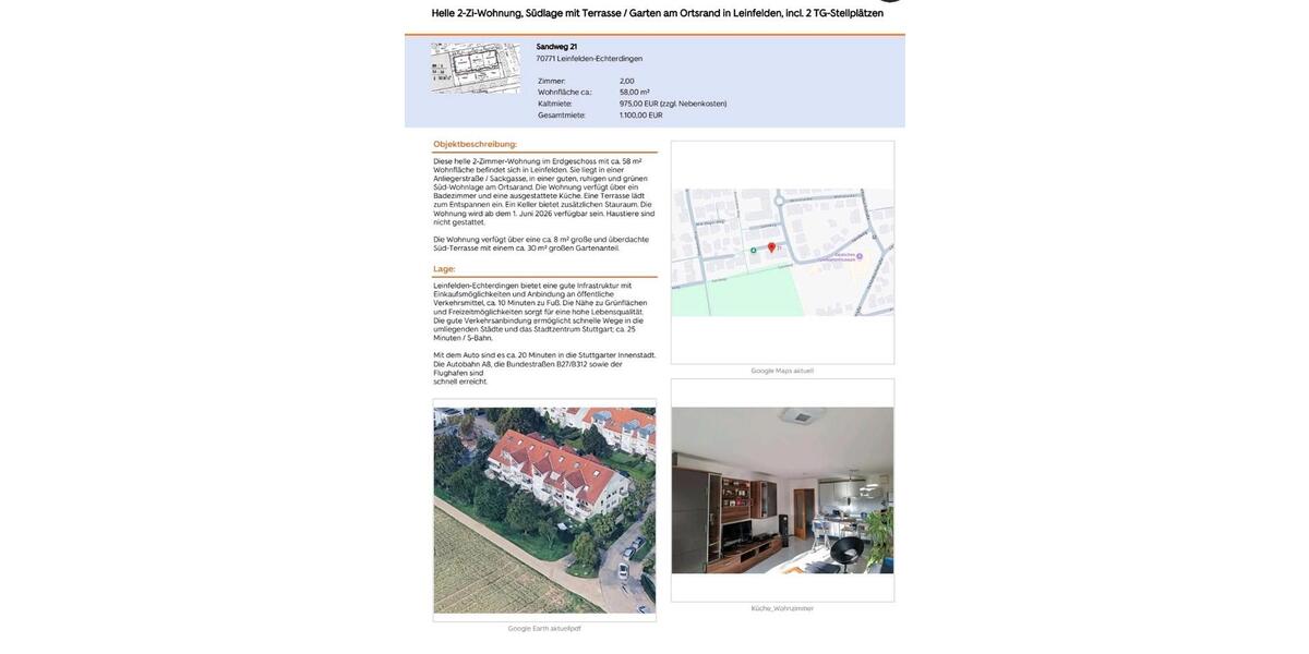 Erdgeschoßwohnung Leinfelden-Echterdingen Echterdingen - 2 Zimmer, 58 m&sup2;, 975&euro; | Angebot:25404761