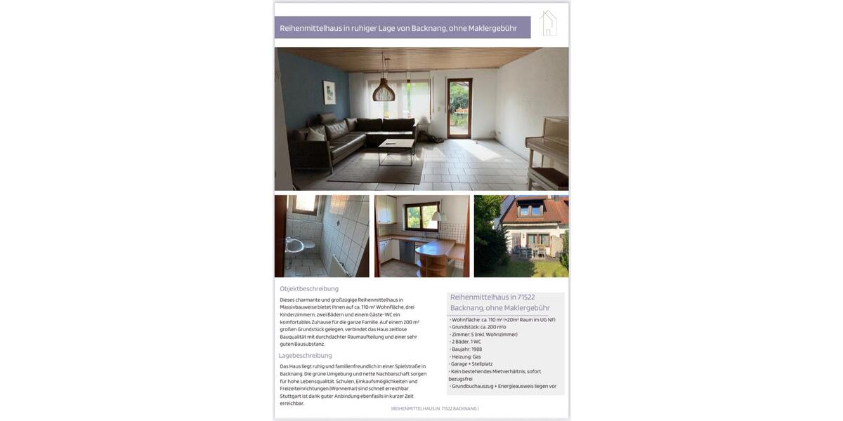 Reihenhaus Backnang - 5 Zimmer, 110 m&sup2;, 499.000&euro; | Angebot:25244358