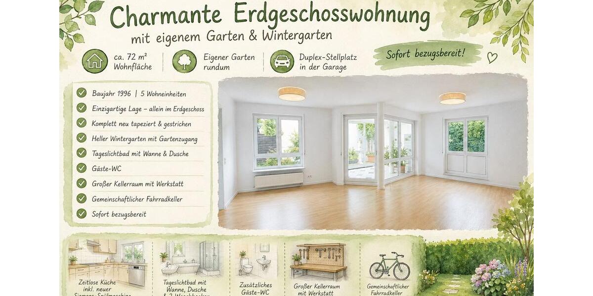 Erdgeschoßwohnung Leonberg - 3 Zimmer, 72 m&sup2;, 369.000&euro; | Angebot:26586551