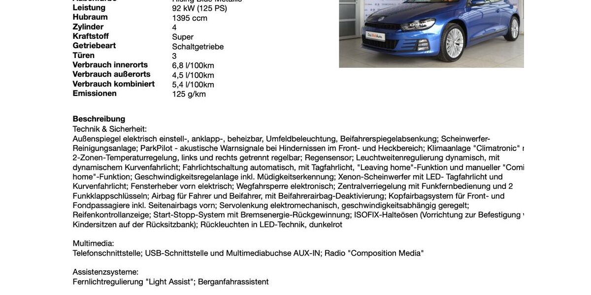 VW Scirocco 113.200 km 12.900 &euro; Lichtenwald 73669