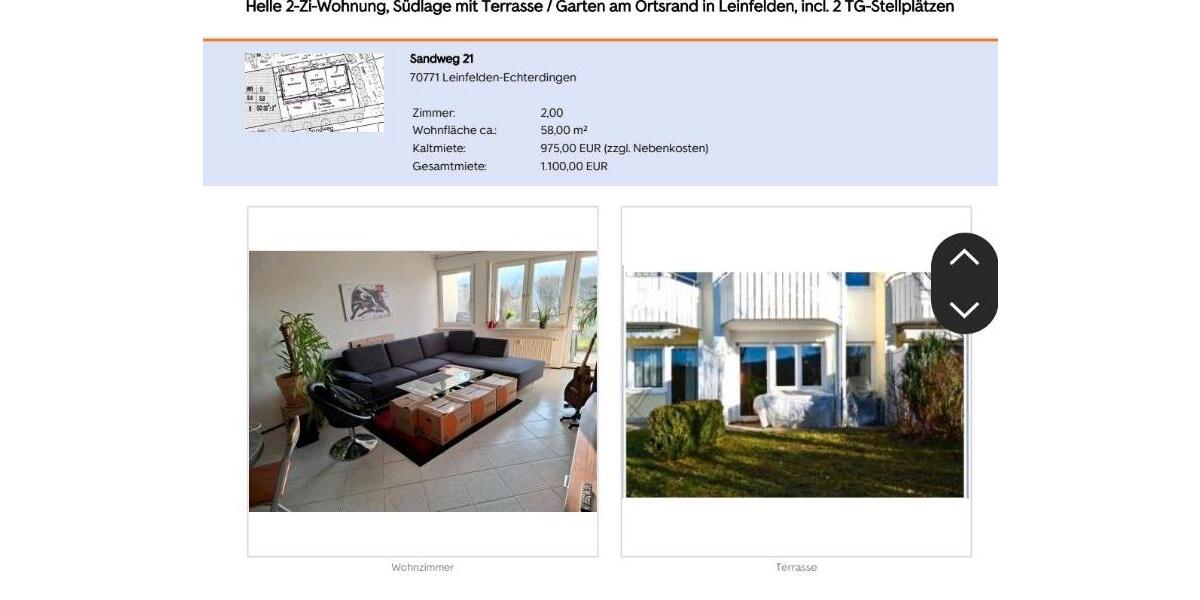 Erdgeschoßwohnung Leinfelden-Echterdingen Echterdingen - 2 Zimmer, 58 m&sup2;, 975&euro; | Angebot:25404761