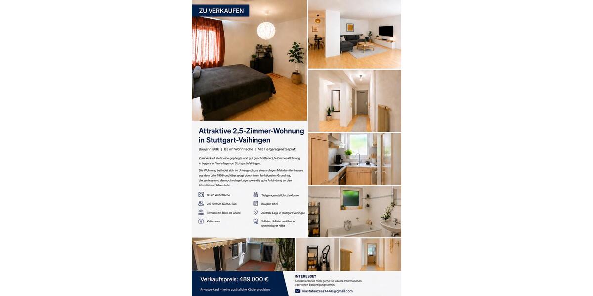 Terrassenwohnung Stuttgart Vaihingen - 2.5 Zimmer, 83 m&sup2;, 489.000&euro; | Angebot:26885477