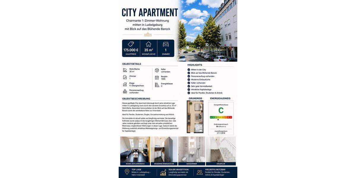 Dachgeschoßwohnung Ludwigsburg Eglosheim - 1 Zimmer, 35 m&sup2;, 175.000&euro; | Angebot:26974355