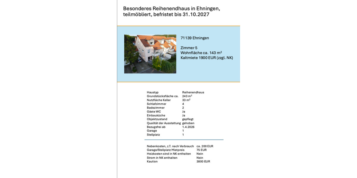 Reihenhaus Ehningen - 5 Zimmer, 143 m&sup2;, 1.900&euro; | Angebot:24645863