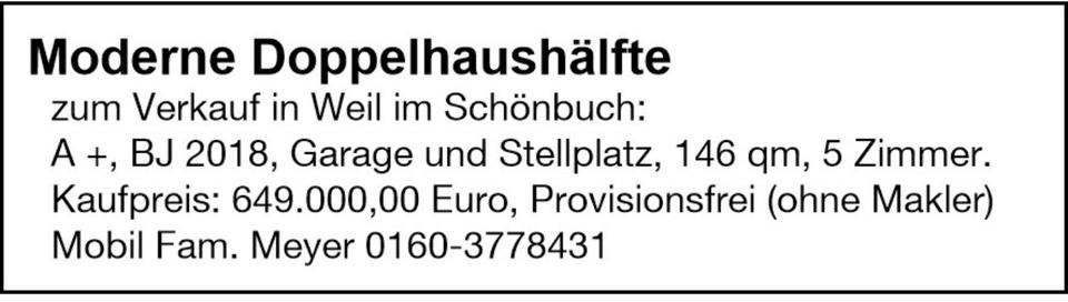 Doppelhaushälfte Weil Im Schönbuch - 5 Zimmer, 146 m&sup2;, 649.000&euro; | Angebot:26225591
