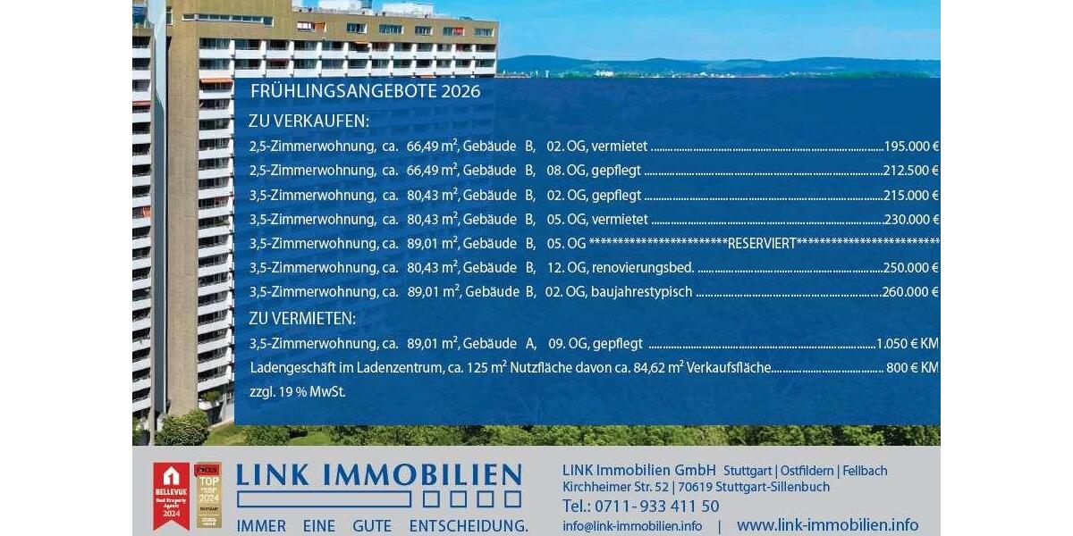 Etagenwohnung Stuttgart Birkach - 3.5 Zimmer, 89 m&sup2;, 1.050&euro; | Angebot:26440835