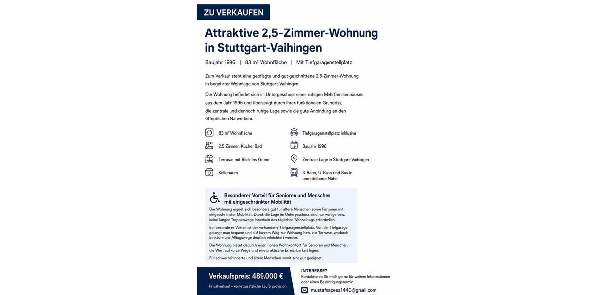 Terrassenwohnung Stuttgart Vaihingen - 2.5 Zimmer, 83 m&sup2;, 489.000&euro; | Angebot:26885477