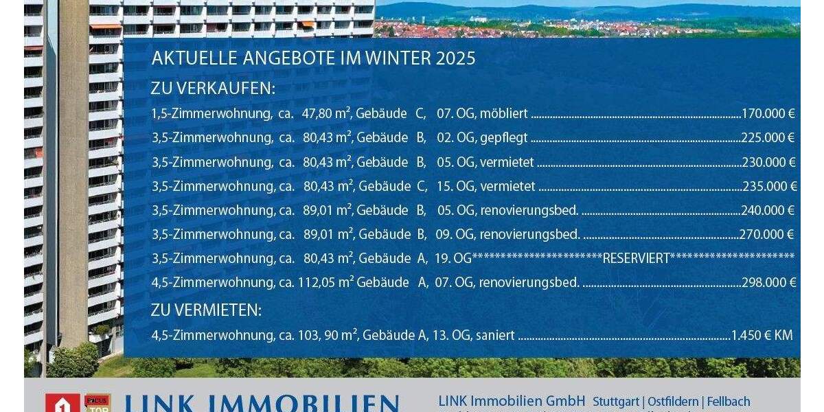 Etagenwohnung Stuttgart Asemwald - 1 Zimmer, 47 m&sup2;, 170.000&euro; | Angebot:25703717