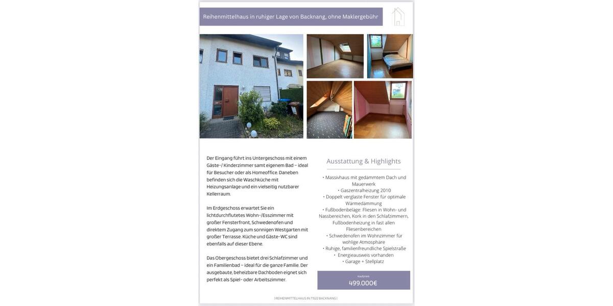 Reihenhaus Backnang - 5 Zimmer, 110 m&sup2;, 499.000&euro; | Angebot:25244358