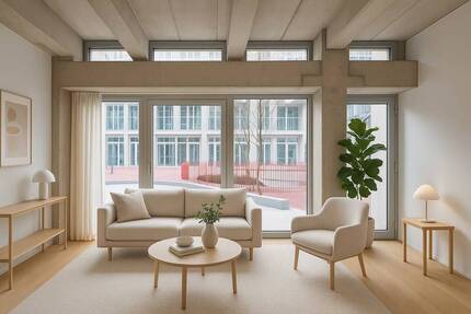 Stilvoll wohnen: Helle Wohnung mit Designküche, bodentiefen Fenstern und Gemeinschaftsangeboten