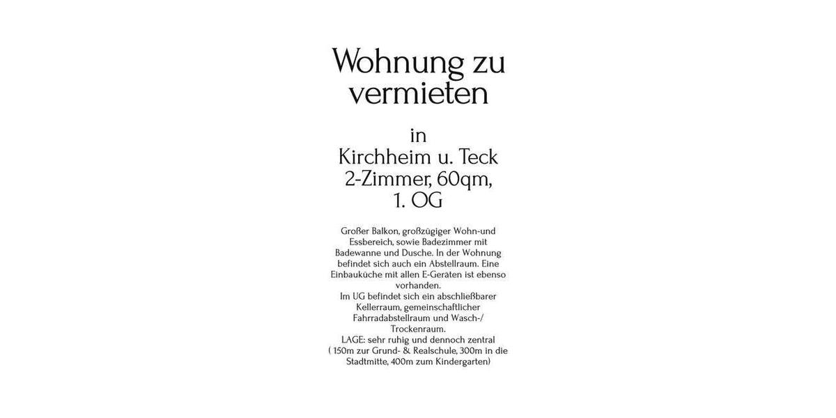 Etagenwohnung Kirchheim unter Teck - 2 Zimmer, 60 m&sup2;, 875&euro; | Angebot:25208350